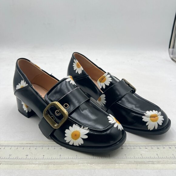 YDN Black Daisy Square Toe Loafers Slip on Block Low Heel Pumps Buckle Shoes - Picture 4 of 8